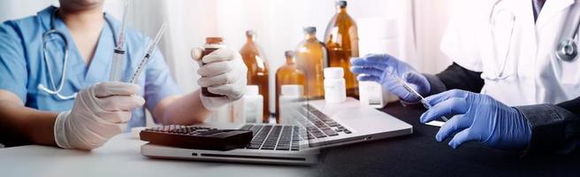 Medicine doctor hand working on a patients x-ray scans digital healthcare and connection with modern virtual screen interface icons, Medical technology and network concept. photo