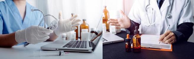 Medicine doctor hand working on a patients x-ray scans digital healthcare and connection with modern virtual screen interface icons, Medical technology and network concept. photo