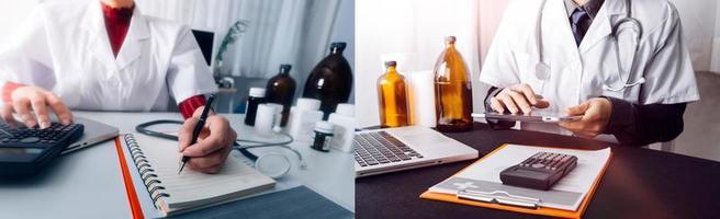 Medicine doctor hand working on a patients x-ray scans digital healthcare and connection with modern virtual screen interface icons, Medical technology and network concept. photo