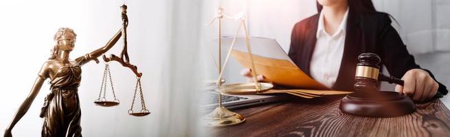 Business and lawyers discussing contract papers with brass scale on desk in office. Law, legal services, advice, justice and law concept picture with film grain effect photo