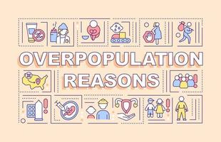 Overpopulation reasons word concepts orange banner. Population growth. Infographics with editable icons on color background. Isolated typography. Vector illustration with text.