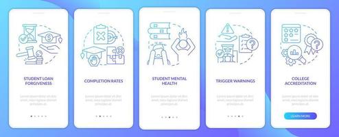 problemas en la pantalla de la aplicación móvil de incorporación de degradado azul de educación superior. Instrucciones gráficas de 5 pasos con conceptos lineales. interfaz de usuario, ux, plantilla de interfaz gráfica de usuario. vector