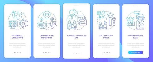 Problems in higher education blue gradient onboarding mobile app screen. Walkthrough 5 steps graphic instructions with linear concepts. UI, UX, GUI template. vector