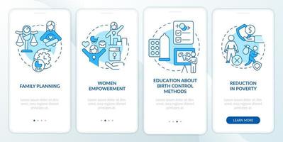 Solutions to overpopulation blue onboarding mobile app screen. Walkthrough 4 steps editable graphic instructions with linear concepts. UI, UX, GUI template. vector