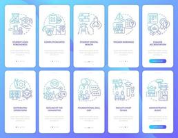 University and college problems blue gradient onboarding mobile app screen set. Walkthrough 5 steps graphic instructions with linear concepts. UI, UX, GUI template. vector