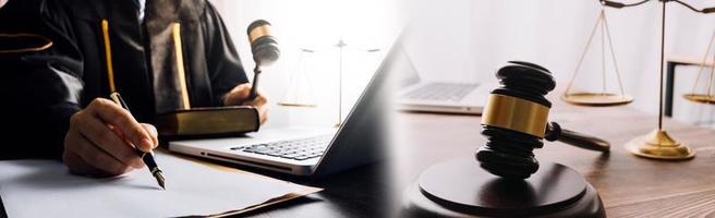 Business and lawyers discussing contract papers with brass scale on desk in office. Law, legal services, advice, justice and law concept picture with film grain effect photo