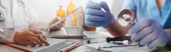 Medicine doctor hand working on a patients x-ray scans digital healthcare and connection with modern virtual screen interface icons, Medical technology and network concept. photo