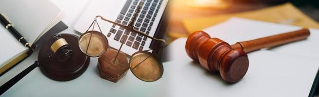 Business and lawyers discussing contract papers with brass scale on desk in office. Law, legal services, advice, justice and law concept picture with film grain effect photo