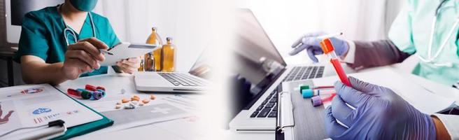 Medicine doctor hand working on a patients x-ray scans digital healthcare and connection with modern virtual screen interface icons, Medical technology and network concept. photo