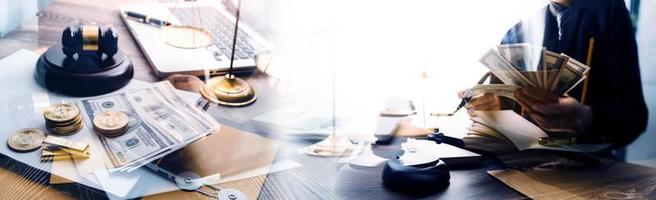 Business and lawyers discussing contract papers with brass scale on desk in office. Law, legal services, advice, justice and law concept picture with film grain effect photo