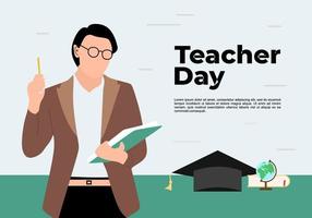 Teacher day background with man bring book, hat and globe. vector