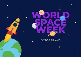 Word space week background with rocket and earth planets. vector