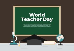 Teacher day background with board, hat, book, globe and microscope. vector
