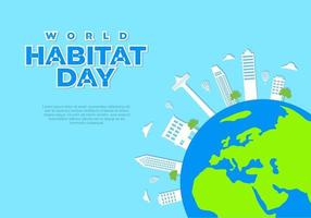 World habitat day with sky scrapper on earth on blue background. vector