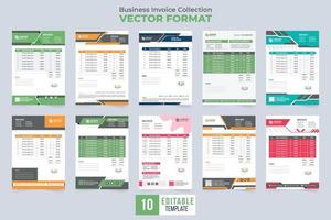 paquete de factura comercial creativa con colores verde y amarillo. colección de plantillas de facturas listas para imprimir para negocios corporativos. diseño simple de factura y papel de facturación con formas abstractas. vector