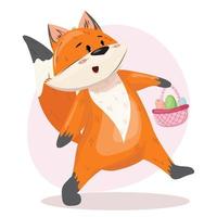 zorro caminando feliz con huevos de pascua. lindo zorro con la canasta llena de huevos pintados. ilustración de primavera de pascua. vector