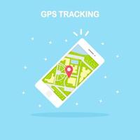 Smartphone with gps navigation app, tracking. White mobile phone with map application, mark vector