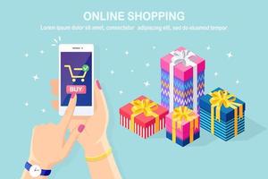 Online shopping concept. Buy in retail shop by internet. Discount christmas sale. 3d isometric gift box, bag, pile of package. Mobile phone, smartphone with cart icon in hand vector