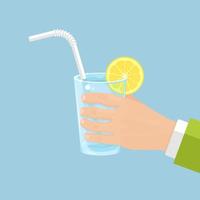 Man hand holds glass with clean water and straw, slice of lemon vector