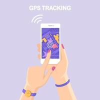 teléfono inteligente con aplicación de navegación gps, seguimiento. teléfono móvil con aplicación de mapas vector