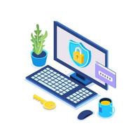 Data protection. Internet security, privacy access with password. Isometric computer, shield, lock vector