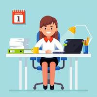 Business woman working at desk. Office interior with computer, laptop, documents, table lamp, coffee. Manager sitting on chair. Workplace for worker, employee vector