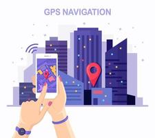 Smartphone with gps navigation app, tracking in hand. Night city landscape, cityscape vector