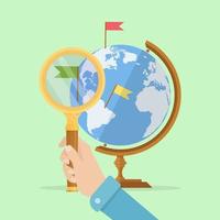 Men find location on globe by magnifying glass. Global search travel destination vector