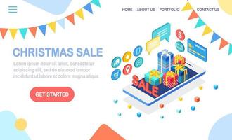 Online shopping concept. Buy in retail shop by internet. Discount christmas sale. 3d isometric smartphone with money, credit card, gift box, bag, package vector