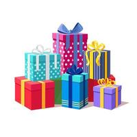 Big pile of gift box, present with ribbon, bow isolated on background. Stack of holiday presents. Christmas shopping concept. Surprise for anniversary, birthday, wedding
