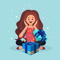 mujer feliz sorprendida con caja de regalo abierta vector