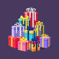 Big pile of gift box, present with ribbon, bow isolated on background. Stack of holiday presents. Christmas shopping concept. Surprise for anniversary, birthday, wedding vector