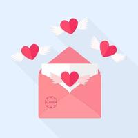 Envelope with love message, open letter with flying hearts. Happy valentines day vector