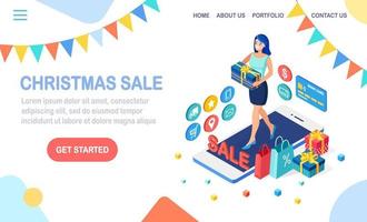 Online shopping concept. Woman buy presents in retail shop by internet. Discount christmas sale. 3d isometric smartphone with money, credit card, gift box, bag vector