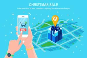 Discount christmas sale, online shopping concept. 3d isometric gift box with pin, marker on map. Mobile phone, smartphone with application in hand vector