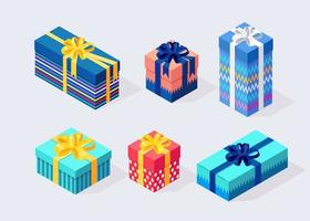 Set of 3d isometric gift box, present with ribbon, bow, festive flags isolated on white background. Christmas sale. Xmas shopping concept vector