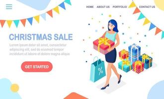 Christmas sale. 3d isometric gift box, present with ribbon, bow in woman hands, festive flags and shopping bag vector