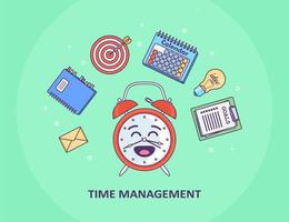 Time management concept. Planning, organization of working day. Funny Alarm clock, diary, calendar, to do list vector