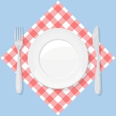 Empty plate, knife and fork on red checked cloth. Restaurant serve