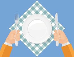 Hungry man holding knife and fork. Empty plate on red checked cloth. Restaurant serve vector