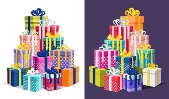 gran pila de caja de regalo, presente con cinta, lazo. pila de regalos de vacaciones. compras navideñas, venta vector