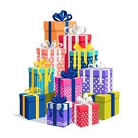 gran pila de caja de regalo, presente con cinta, arco aislado en el fondo. pila de regalos de vacaciones. concepto de compras navideñas. sorpresa para aniversario, cumpleaños, boda vector