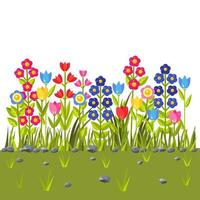 campo de flores con flores de colores. borde de hierba verde. escena de primavera vector