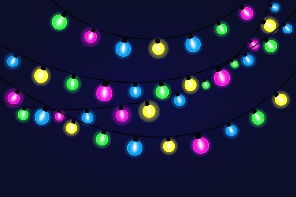 Garlands of Christmas festive lights for xmas, new year banner, cards. Festive bulb on string for party decoration