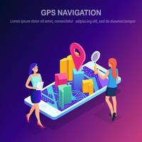 teléfono inteligente 3d isométrico con aplicación de navegación gps, seguimiento. teléfono móvil con aplicación de mapas vector