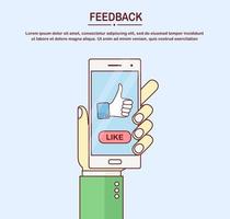 Human hand hold mobile phone with thumbs up sign. Social media likes, customer feedback, excellent review, vote vector