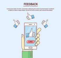 Human hand hold mobile phone with thumbs up sign. Social media likes, customer feedback, excellent review, vote vector