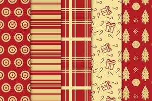 Vintage Christmas pattern collection with golden and red backgrounds. Retro style Christmas pattern bundle with pine tree and gift icons. Xmas seamless pattern set design with golden stripes.