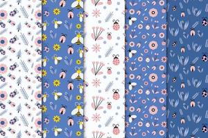 Insects seamless pattern collection vector with flowers and leaves. Beautiful endless pattern bundle with bee and lady bug vector. Cute floral pattern decoration on blue and white backgrounds.