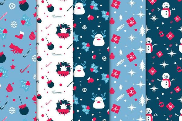 Christmas decoration pattern bundle with blue and white backgrounds. Xmas cute pattern collection for wrapping papers and book covers. Christmas minimal pattern vector with decoration balls and gifts.